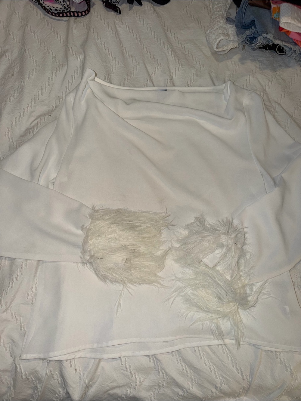 White Long Sleeve Top with Feather Cuffs